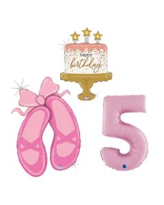 Grabo Set 3 Palloncini Compleanno Bambina numero 5 rosa scarpette di danza e pallone a forma di torta.Made in italy, cannuccia inclusa