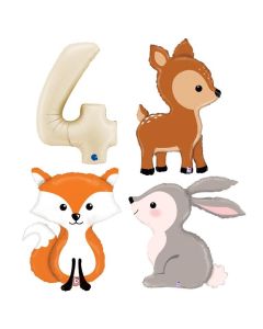 Grabo Set 4 Palloncini 4 Compleanno Animali nel Bosco  con numero 4 crema e animaletti del bosco, volpe cerbiatto e coniglio. In foil, made in italy, cannuccia inclusa