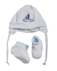 Ellepi Set Cappellino con paraorecchie e Scarpine in costina ricamata Azzurro