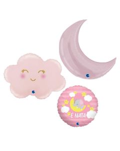 Grabo Set 3 Palloncini Nascita Bambina Baby Shower. set di tre diversi palloni per nascita con tondo con scritta è nata, nuvoletta rosa e nuvola rosa coordinata. Made in Italy in foil, cannuccia inclusa