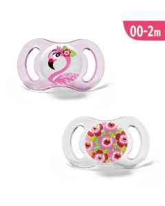 J BIMBI Pack 2 Succhietti Smile 0-2 Mesi in Silicone Medicale – Ciucci Neonati con Scudo Ultraventilato in Tritan, Tettarella Fisiologica Fenicottero per Bimba