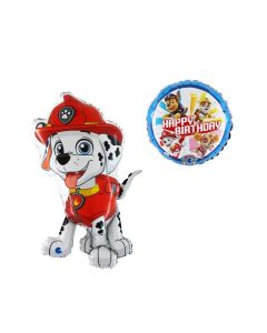 Paw Patrol Set di 2 Palloncini in foil con marshall e tondo happy birthday coordinato. Made in Italy by Grabo, cannuccia inclusa