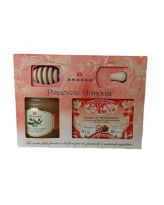 Brezzo Cofanetto Regalo - Piacevole Armonia – Miele di Arancio 250 gr, Tisana Bio al Melograno 20 filtri e Spargimiele in Legno