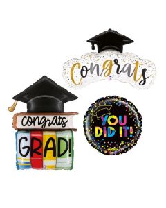 Grabo Set di 3 Palloncini per festa di laurea con tondo con scritta, cappello di laurea e cappello con libri e scritta. Made in italy cannuccia incnlusa