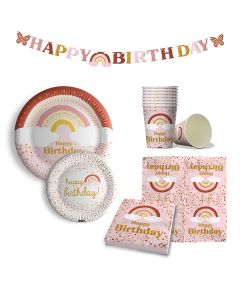Maverick Set per Feste di Compleanno 69 pezzi per Feste per bambine a tema boho arcobaleno, 16 piatti grandi 16 piatti piccoli 16 bicchieri 20 tovaglioli e festone con scritta di Compleanno.