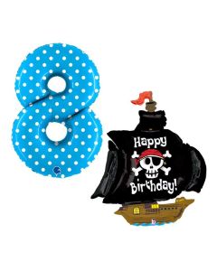 Grabo Set 2 Palloncini Compleanno a Tema Pirati numero 8 azzuro pois e veliero dei pirati con scritta happy birthday. Made in Italy in foil, cannuccia inclusa