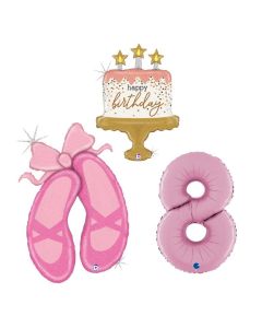 Grabo Set 3 Palloncini Compleanno Bambina numero 8 rosa scarpette di danza e pallone a forma di torta.Made in italy, cannuccia inclusa