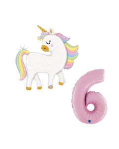 Grabo Set 2 Palloncini Compleanno Bimba Palloncino Unicorno con glitter e numero 6 rosa pastello. Made in italy in foil. Cannuccia inclusa