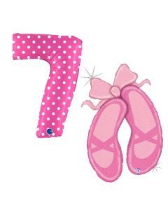 Grabo Set di 2 Palloncini Compleanno Bambina con numero 7 rosa con pois e scarpette da danza. Made in italy cannuccia inclusa