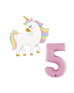 Grabo Set 2 Palloncini Compleanno Bimba Palloncino Unicorno con glitter e numero 5 rosa pastello. Made in italy in foil. Cannuccia inclusa