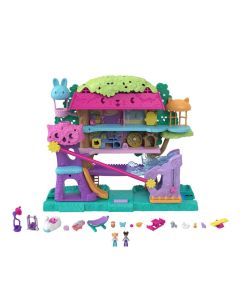 Polly Pocket Pollyville Casa sull'Albero dei Cuccioli, playset a 5 piani, 15+ accessori tra cui 2 bambole, veicolo, 4 animali
