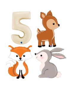 Grabo Set 4 Palloncini 5 Compleanno Animali nel Bosco  con numero 5 crema e animaletti del bosco, volpe cerbiatto e coniglio. In foil, made in italy, cannuccia inclusa