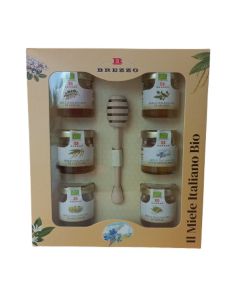 Brezzo Miele Biologico Selezione di 6 Tipologie di Miele in Cofanetto Regalo con Spargimiele in Legno 6x35gr