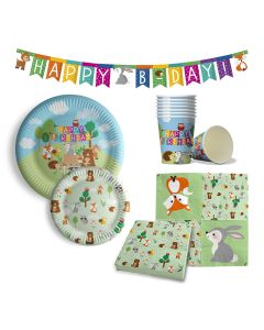 Maverick 69 pezzi Set per Feste di Compleanno a Tema Animali del Bosco.16 piatti grandi 16 piatti piccoli 16 bicchieri 20 tovaglioli un festone con scritta.