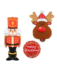 Grabo set Palloncini in foil per natale made in italy. set di tre Palloncini per natale con nutcracker, renna e tondo con scritta merry christmas. adatto alle feste di natale. Palloncini colorati.