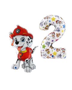 Paw Patrol Set di 2 Palloncini 2 compleanno in foil con marshall e numero 2 coordinato. Made in Italy by Grabo, cannuccia inclusa