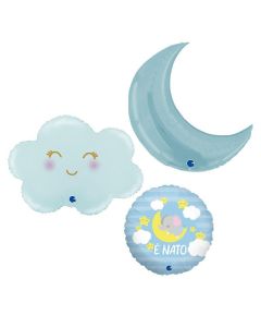 Grabo Set 3 Palloncini Nascita Bambino Baby Shower. set di tre diversi palloni per nascita con tondo con scritta è nato, nuvoletta azzurra e nuvola azzurra coordinata.Made in italy in foil, cannuccia inclusa