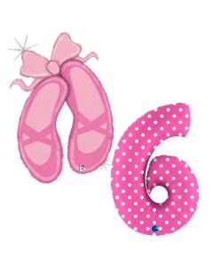 Grabo Set di 2 Palloncini Compleanno Bambina con numero 6 rosa con pois e scarpette da danza. Made in italy cannuccia inclusa