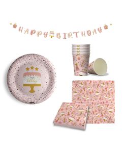 Maverick 53 pezzi Kit per Feste di Compleanno bambine rosa confetti. 16 piatti grandi 16 bicchieri 20 tovaglioli e festone buon Compleanno rosa confetti. made in europe