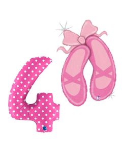 Grabo Set di 2 Palloncini Compleanno Bambina con numero 4 rosa con pois e scarpette da danza. Made in italy cannuccia inclusa