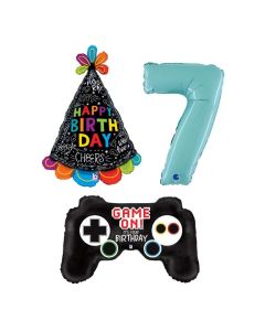 Grabo Set 3 Palloncini Compleanno Bambino numero 7 azzurro joystick da gioco e cappellino compleanno. Made in italy, cannuccia inclusa