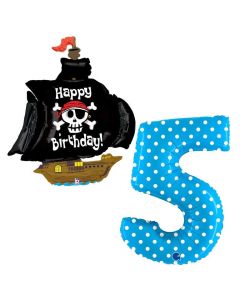 Grabo Set 2 Palloncini Compleanno a Tema Pirati numero 5 azzuro pois e veliero dei pirati con scritta happy birthday. Made in Italy in foil, cannuccia inclusa