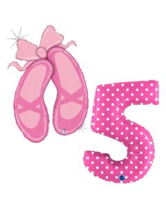 Grabo Set di 2 Palloncini Compleanno Bambina con numero 5 rosa con pois e scarpette da danza. Made in italy cannuccia inclusa