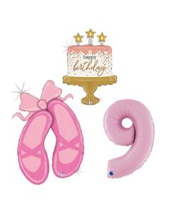 Grabo Set 3 Palloncini Compleanno Bambina numero 9 rosa scarpette di danza e pallone a forma di torta.Made in italy, cannuccia inclusa