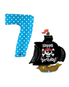 Grabo Set 2 Palloncini Compleanno a Tema Pirati numero 7 azzuro pois e veliero dei pirati con scritta happy birthday. Made in Italy in foil, cannuccia inclusa
