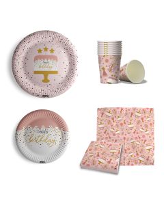 Maverick 68 pezzi Set per Feste di Compleanno bambine rosa confetti. prodotti  in carta, 16 piatti grandi 16 piatti piccoli 16 bicchieri 20 tovaglioli. adatti ai Compleanno di tutti i tipi ed età.