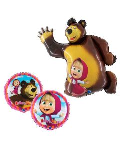 Masha e Orso Set di 2 Palloncini in foil Masha e orso e Tondo con doppio disegno Made in Italy by Grabo, cannuccia inclusa