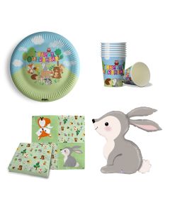 Maverick  Set per Feste di Compleanno 53 pezzi Animali del Bosco.  16 piatti grandi 16 bicchieri 20 tovaglioli palloncino in foil con coniglio. made in europe