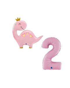 Grabo Set 2 Palloncini 2 Compleanno bambina numero 2 rosa pastello e dinosauro rosa con coroncina coordinato. Made in italy in foil, cannuccia inclusa