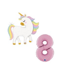 Grabo Set 2 Palloncini Compleanno Bimba Palloncino Unicorno con glitter e numero 8 rosa pastello. Made in italy in foil. Cannuccia inclusa