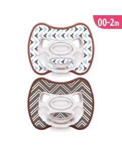 J BIMBI Pack 2 Succhietti Glee Bimbo Super Leggeri 0-2 Mesi in Silicone Medicale – Ciucci Ortodontici Arrows Azzurro e Marrone con Tettarella Simmetrica a Goccia e Scudo Ventilato