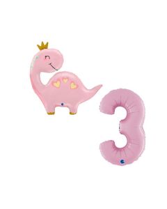 Grabo Set 2 Palloncini 3 Compleanno bambina numero 3 nosa pastello e dinosauro rosa con coroncina coordinato. Made in italy in foil, cannuccia inclusa