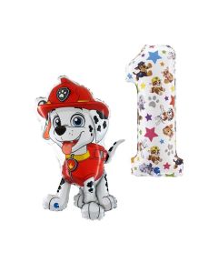 Paw Patrol Set di 2 Palloncini 1 compleanno in foil con marshall e numero 1 coordinato. Made in Italy by Grabo, cannuccia inclusa