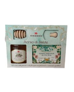 Brezzo Cofanetto Regalo - Sorso di Salute – Miele di Acacia 250 gr, Tisana Bio Digestiva 20 filtri e Spargimiele in Legno