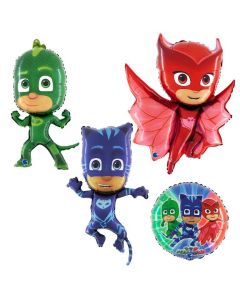 Pj Masks Set di 4 Palloncini in foil con personaggi superpigiamini e tondo coordinato, Made in Italy by Grabo, cannuccia inclusa