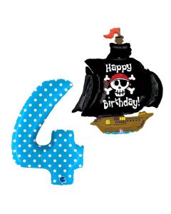 Grabo Set 2 Palloncini Compleanno a Tema Pirati numero 4 azzuro pois e veliero dei pirati con scritta happy birthday. Made in Italy in foil, cannuccia inclusa