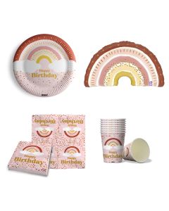 Maverick Kit per Feste di Compleanno 53 pezzi tema boho arcobaleno, 16 piatti grandi 16 bicchieri 20 tovaglioli e palloncino a forma di arcobaleno boho. made in europe