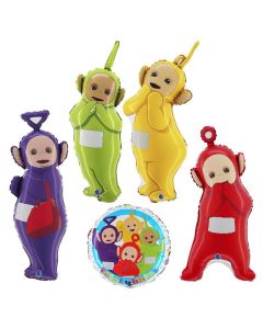 Teletubbies Set di 5 Palloncini in foil con tutti i personaggi e tondo coordinato. Made in Italy by Grabo, cannuccia inclusa