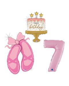 Grabo Set 3 Palloncini Compleanno Bambina numero 7 rosa scarpette di danza e pallone a forma di torta.Made in italy, cannuccia inclusa