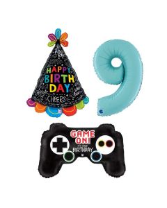 Grabo Set 3 Palloncini Compleanno Bambino numero 9 azzurro joystick da gioco e cappellino compleanno. Made in italy, cannuccia inclusa