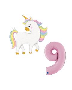 Grabo Set 2 Palloncini Compleanno Bimba Palloncino Unicorno con glitter e numero 9 rosa pastello. Made in italy in foil. Cannuccia inclusa