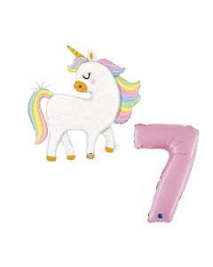 Grabo Set 2 Palloncini Compleanno Bimba Palloncino Unicorno con glitter e numero 7 rosa pastello. Made in italy in foil. Cannuccia inclusa