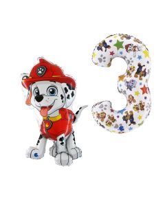 Paw Patrol Set di 2 Palloncini 3 compleanno in foil con marshall e numero 3 coordinato. Made in Italy by Grabo, cannuccia inclusa