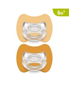 J BIMBI Pack 2 Succhietti Glee Super Leggeri 6+ Mesi in Silicone Medicale – Ciucci con Tettarella Simmetrica a Goccia, Scudo Ventilato e Design Ortodontico – Beige/Senape