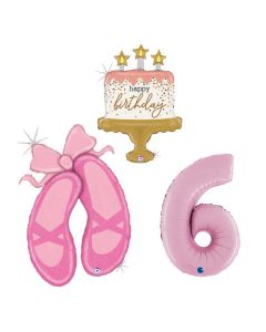 Grabo Set 3 Palloncini Compleanno Bambina numero 6 rosa scarpette di danza e pallone a forma di torta.Made in italy, cannuccia inclusa
