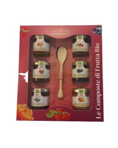 Brezzo Composte Biologiche Selezione di 6 Composte di Frutta in Cofanetto Regalo con cucchiaio in legno - 6x40gr